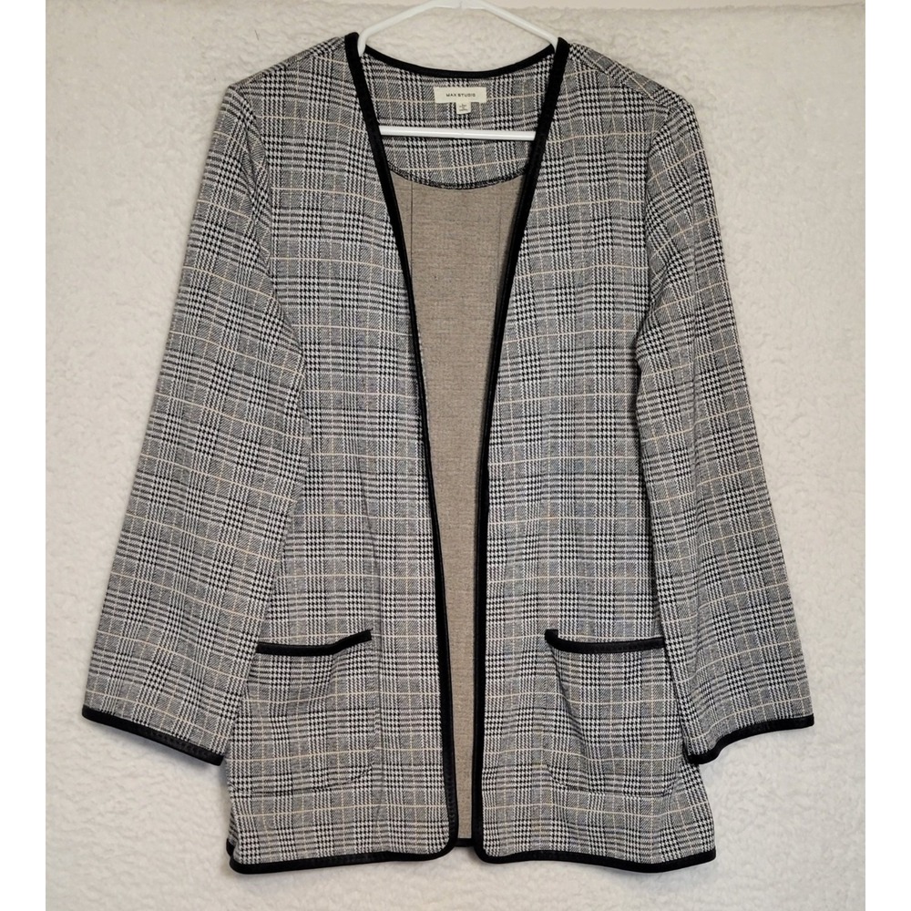 Max Studio Women's Black‎ White Houndstooth Plaid Long Jacket Size L Open 1000